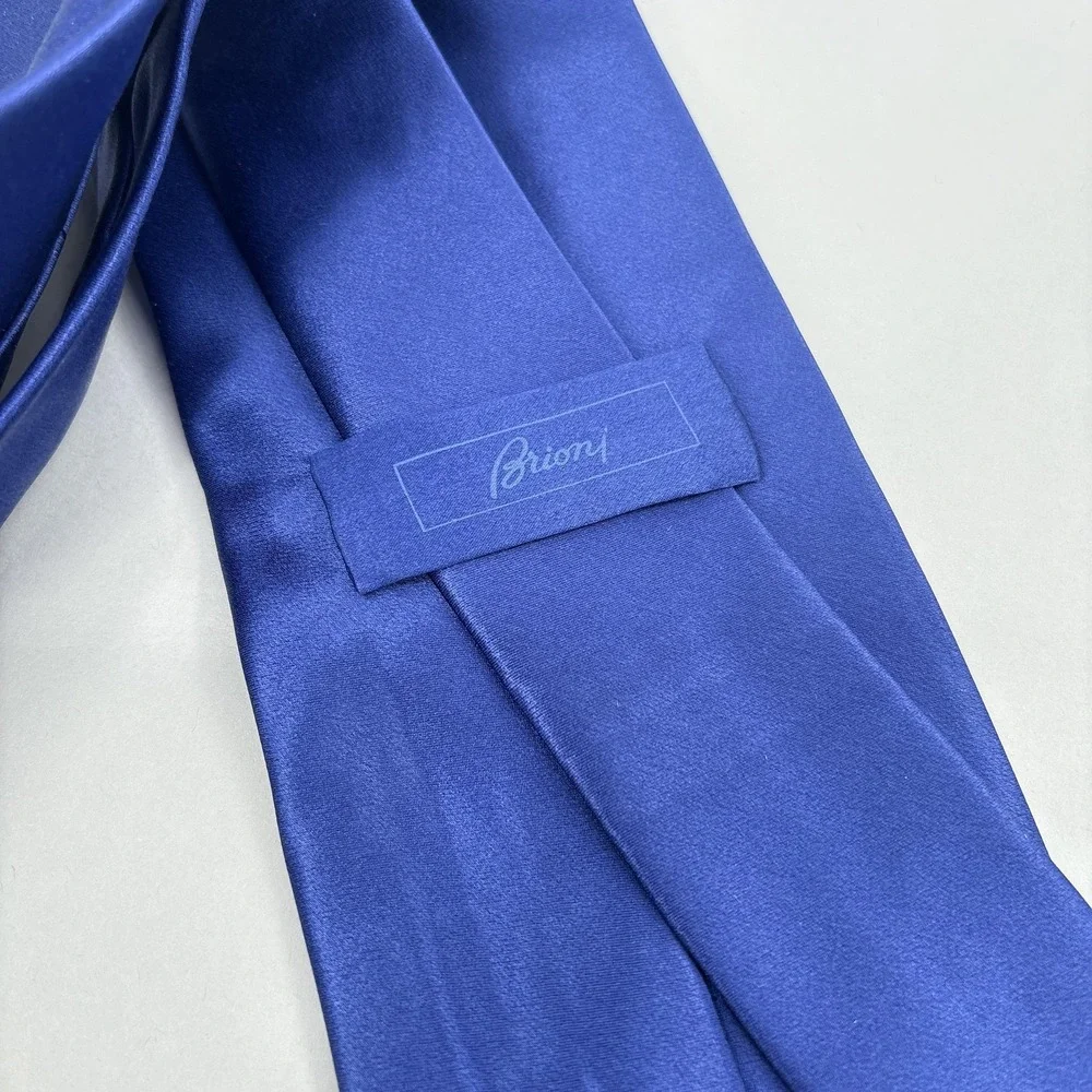 Brioni Silk Tie Pocket Square Set Blue Solid Handmade Italy Satin Luxury Classic